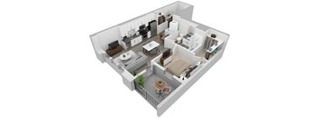 A 3D floor plan of a small apartment with a kitchen, living room, and bedroom.